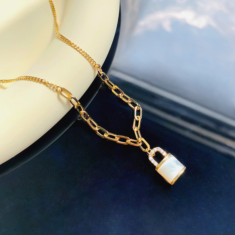 Mother-of-pearl small padlock necklace light luxury high-end design clavicle necklace